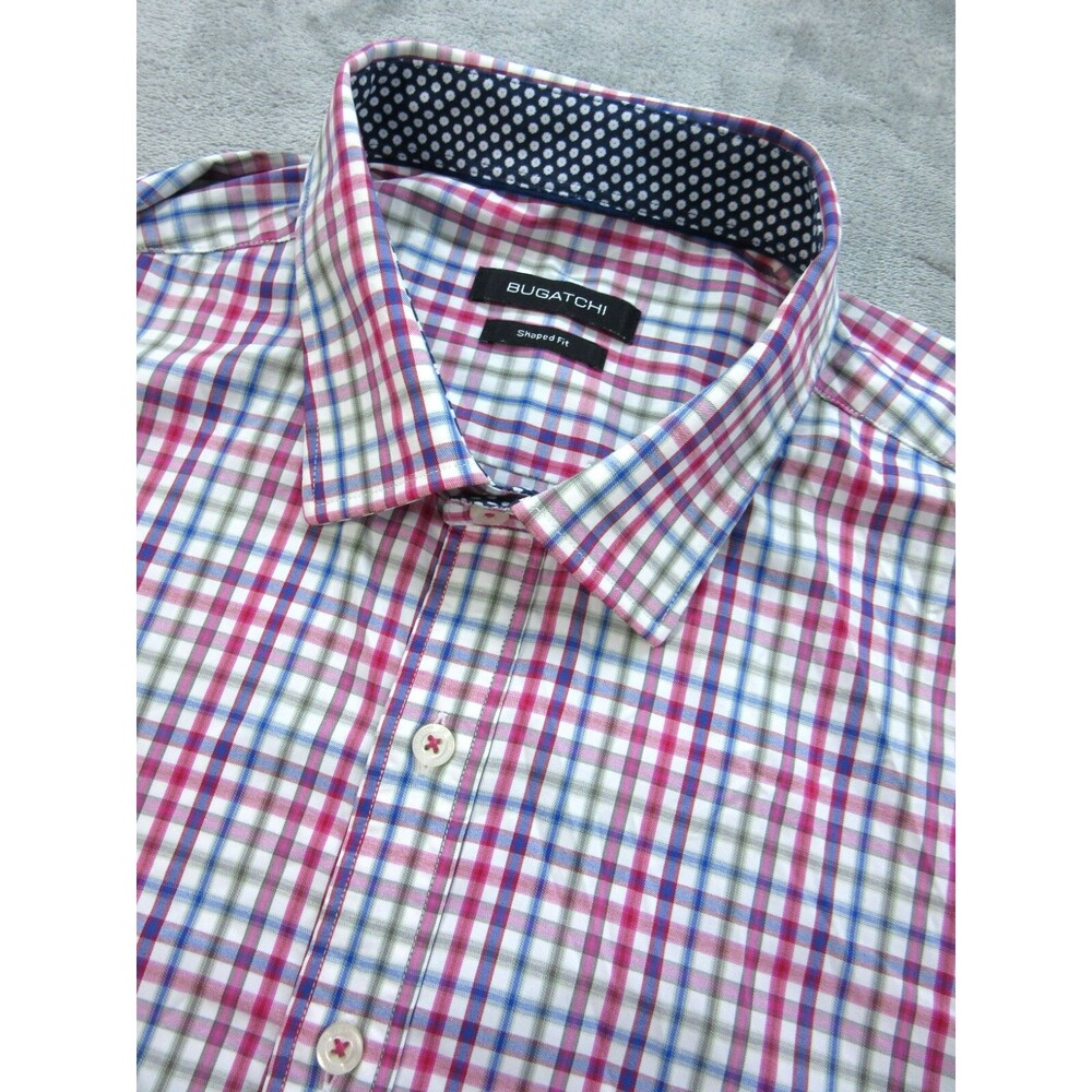 Bugatchi Mens XL Shirt Shaped Fit Flip Cuff Plaid Red Blue Long Sleeve Nylon
